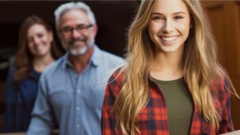 ragazze in primo piano sorridente con sullo sfondo il papà e una zia